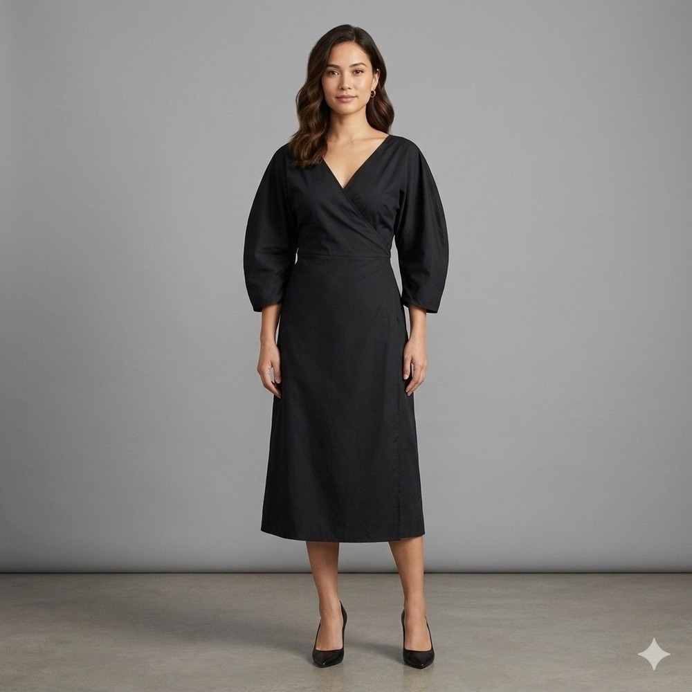 Mara Hoffman Black Cotton Poplin Wrap Puff Sleeve Midi Dress Size Small